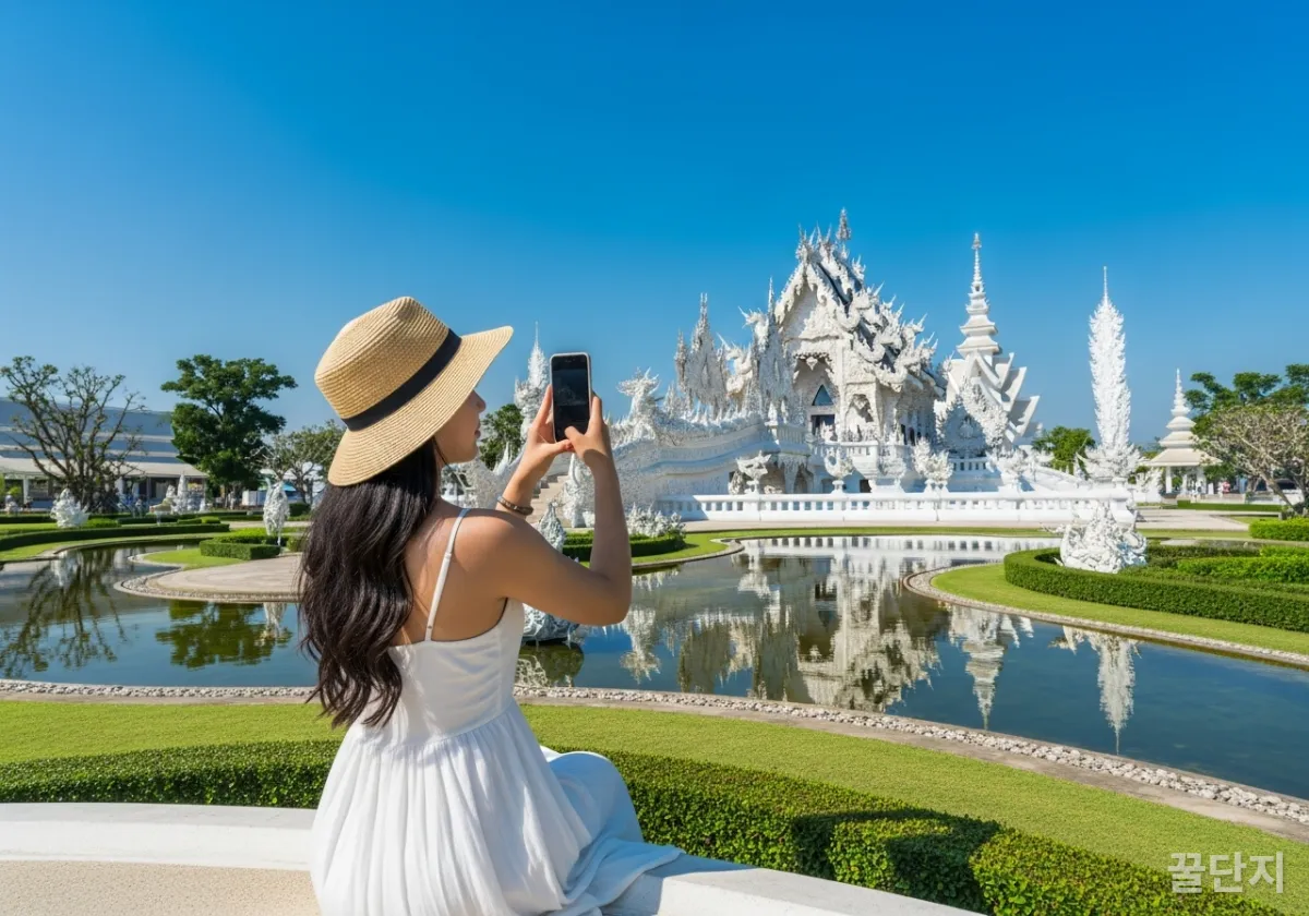태국 치앙라이 백색 사원 앞에서 사진을 찍는 한국인 여성 여행자