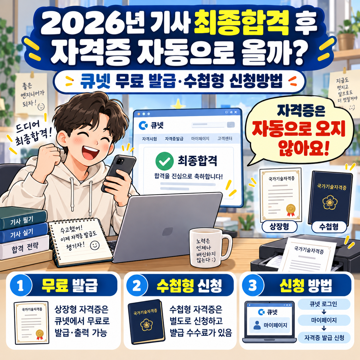 2026년 기사 최종합격 후 자격증 자동으로 올까? 큐넷 무료 발급&middot;수첩형 신청방법