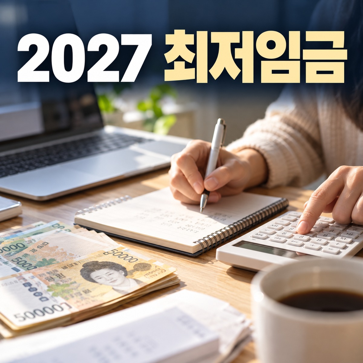 노트북과 계산기, 한국 지폐가 놓인 책상에서 근로자가 급여를 계산하는 장면과 2027 최저임금 제목
