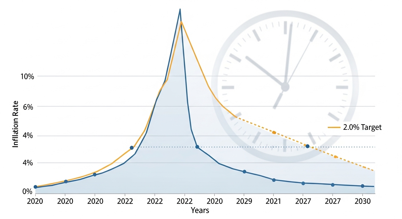 시간의 흐름에 따른 미국 물가 상승률 그래프와 2027년 목표 도달 예상 선