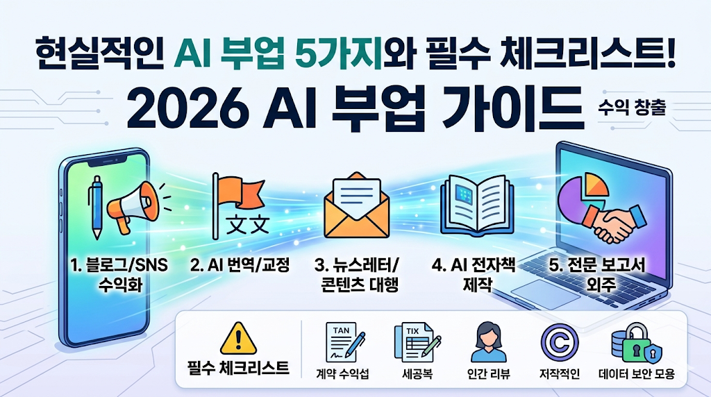 2026 현실적인 AI 부업 5가지와 필수 체크리스트 인포그래픽 (Realistic AI Side Hustle Guide 2026 & Essential Checklist Infographic)