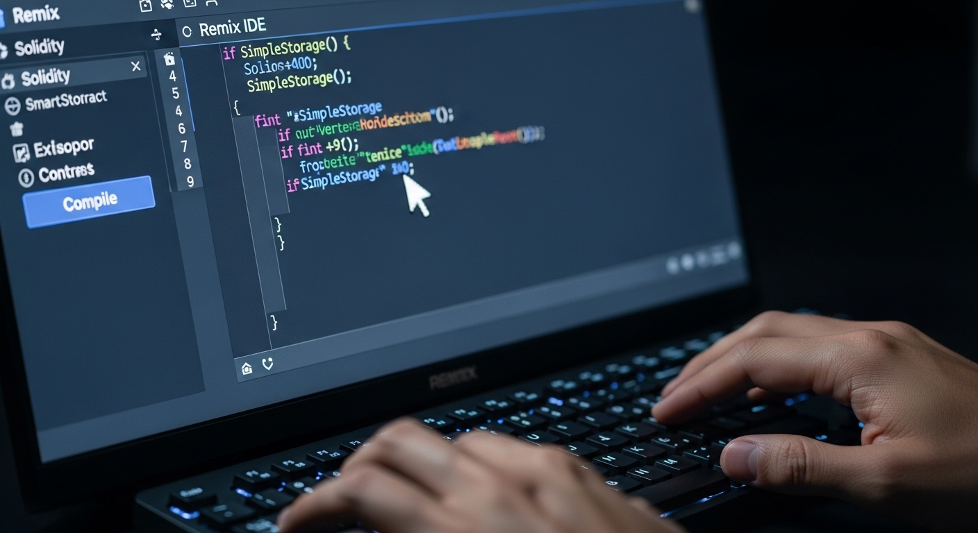 Remix IDE에서 솔리디티 코드가 표시된 컴퓨터 화면 클로즈업. 컴파일 버튼에 커서가 있고, 개발자의 손이 키보드 위에 있는 모습. 스마트 컨트랙트 작성 및 준비 과정.