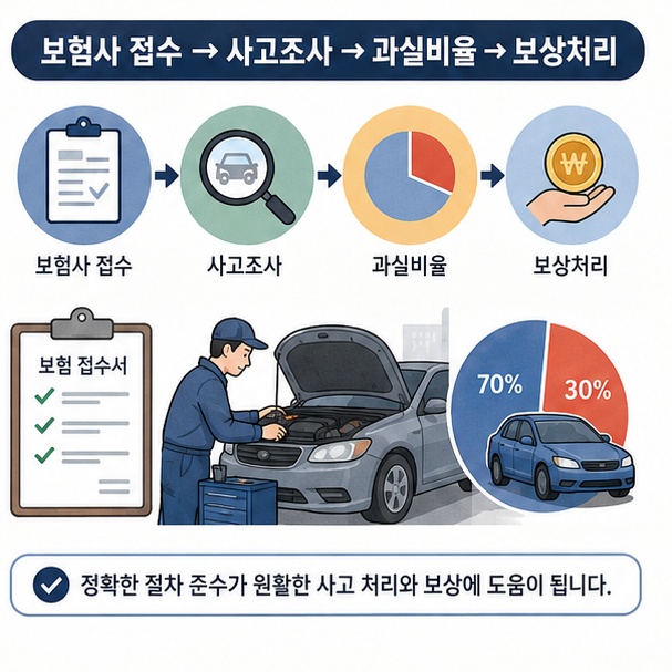 자동차보험 사고 접수 후 사고조사와 과실비율 산정, 차량 수리와 보상으로 이어지는 처리 절차를 설명한 이미지