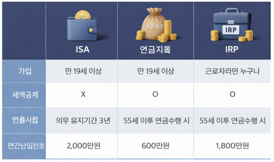 ISA,연금저축,IRP 비교 표이미지