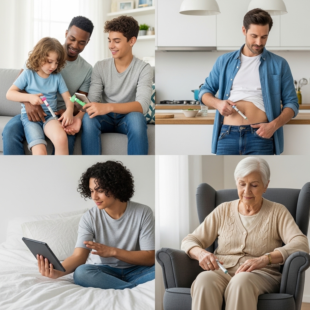 집에서 현대적인 자동 주사기로 편안하게 자가 투여하는 다양한 연령대의 사람들 모습