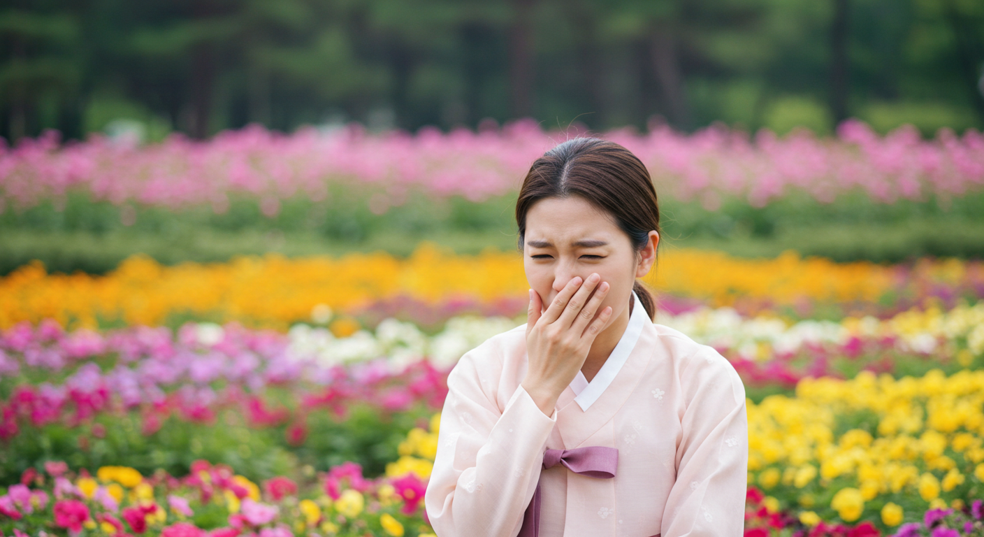 꽃밭에서 재채기 하는 한국여성 사진