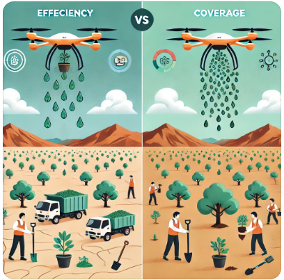 드론 vs 인력: 몽골 나무심기 방법 비교 사진