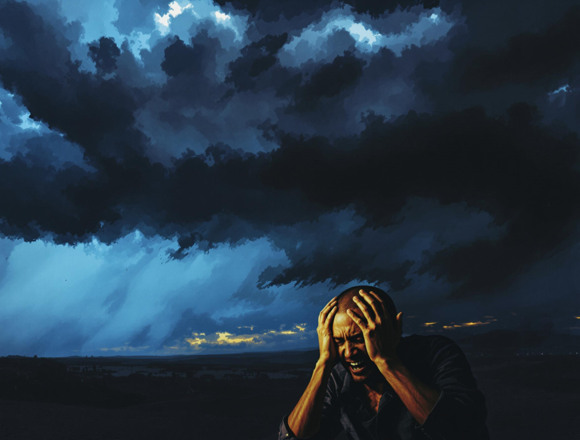 흐린날씨에 두통으로 고통받는 남자