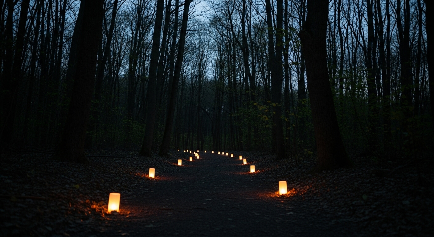 어두운 숲길을 따라 설치된 등불이 길을 밝히는 모습