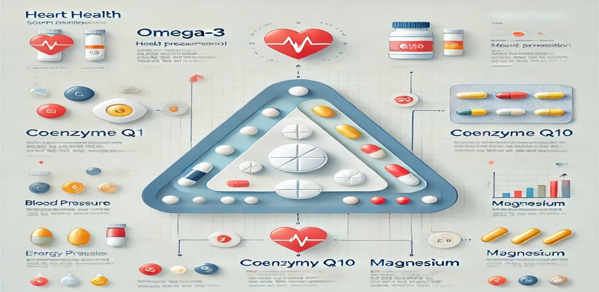 심혈관 건강 보충제 조합 전략 인포그래픽 (오메가3, 코엔자임Q10, 마그네슘의 시너지 효과)