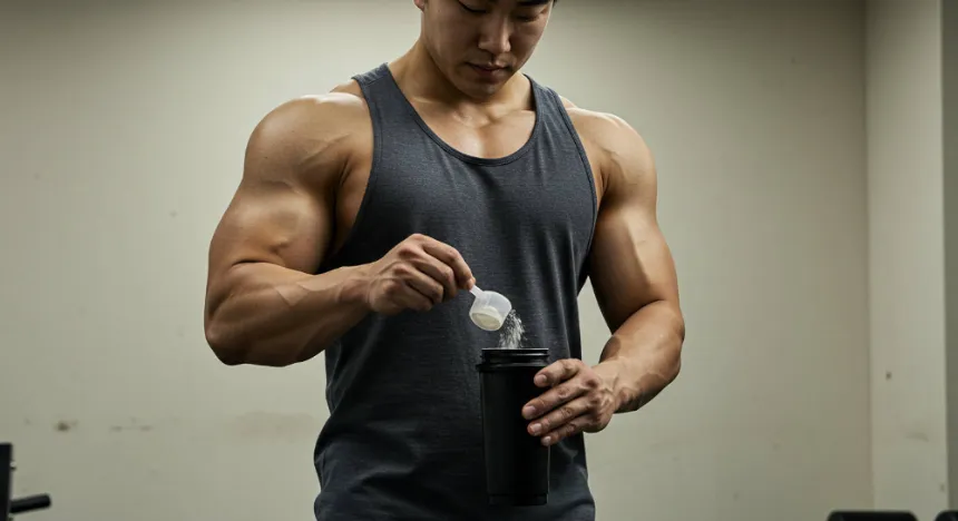 쉐이커 물통에 가루를 넣고 있는 남성 이미지