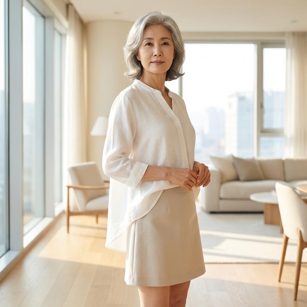 뒷기장이 길어 허리를 덮어주는 블라우스의 장점