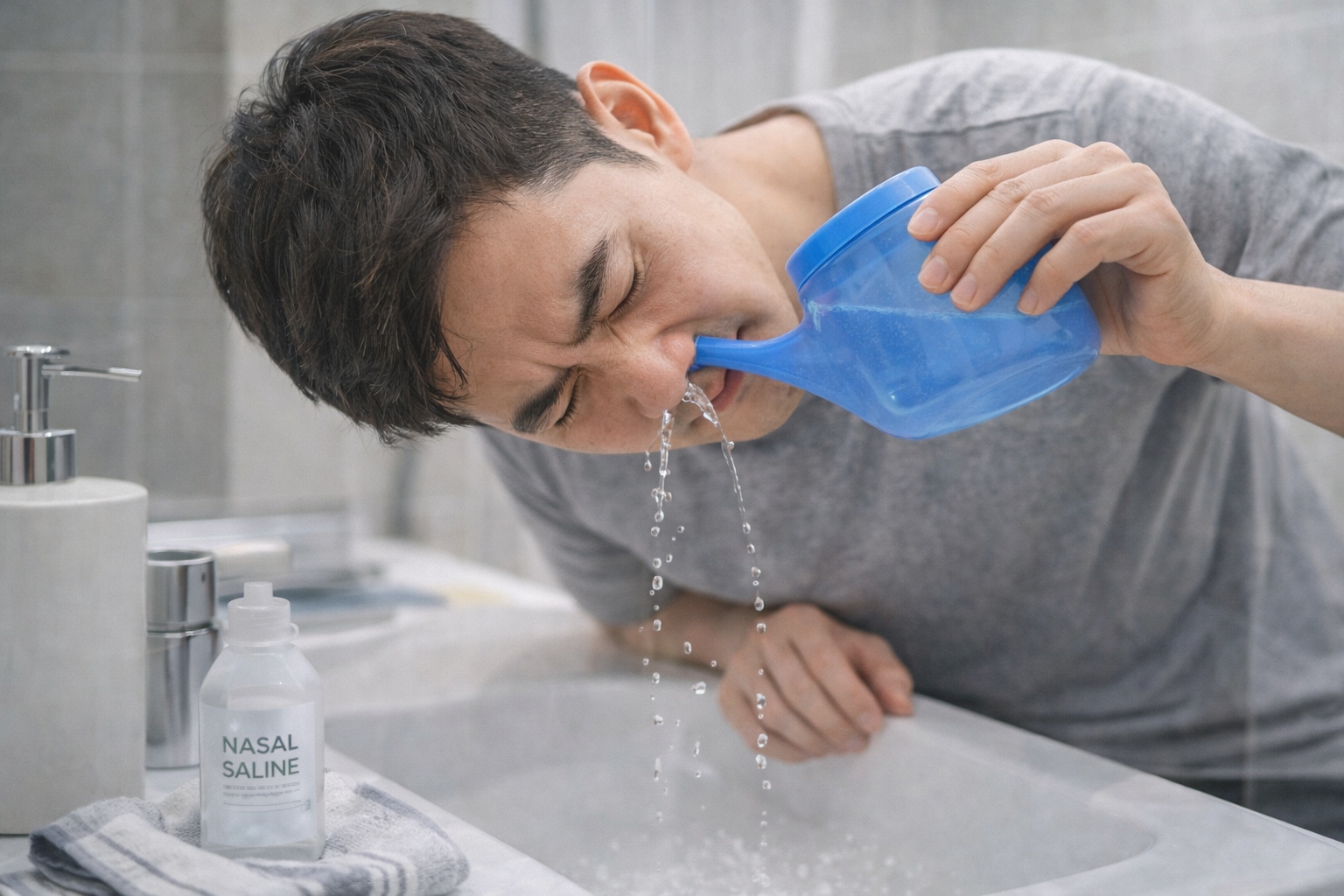 식염수로 코 세척을 하는 이미지