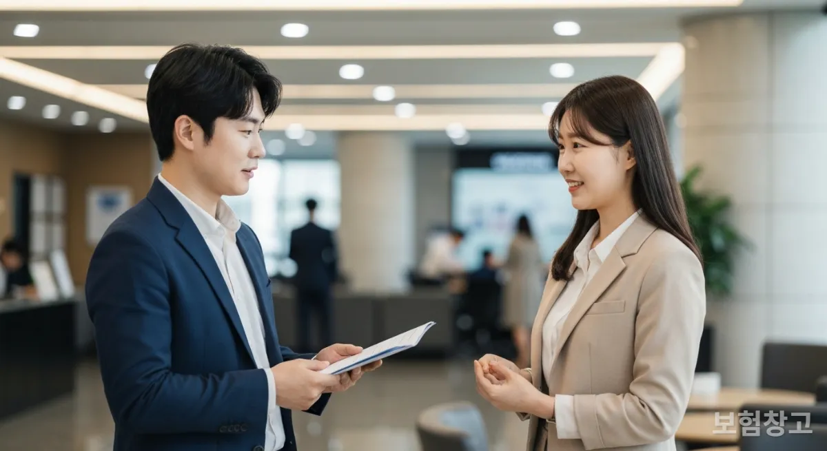 현대적인 사무실 로비에서 보험 전문가와 상담하는 한국인 직장인