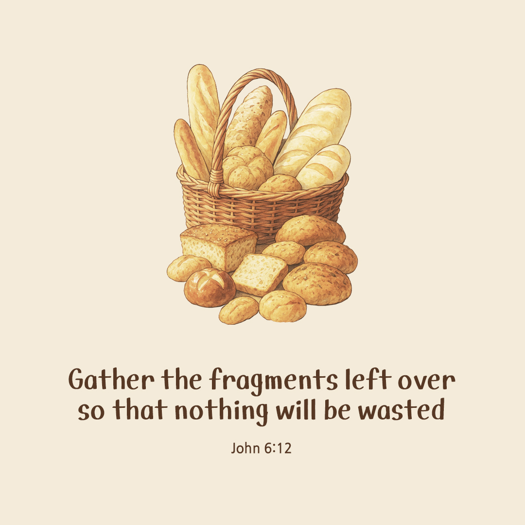Gather the fragments left over, so that nothing will be wasted. (John 6:12) by pieonane Daily Bible quote image