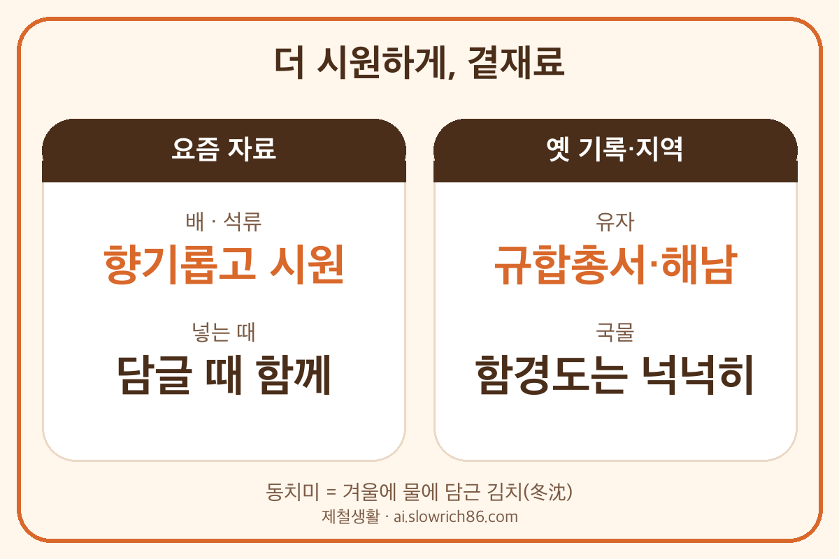 동치미 맛있게 담그는 법 배 석류 유자 해남 함경도 동치미 유래