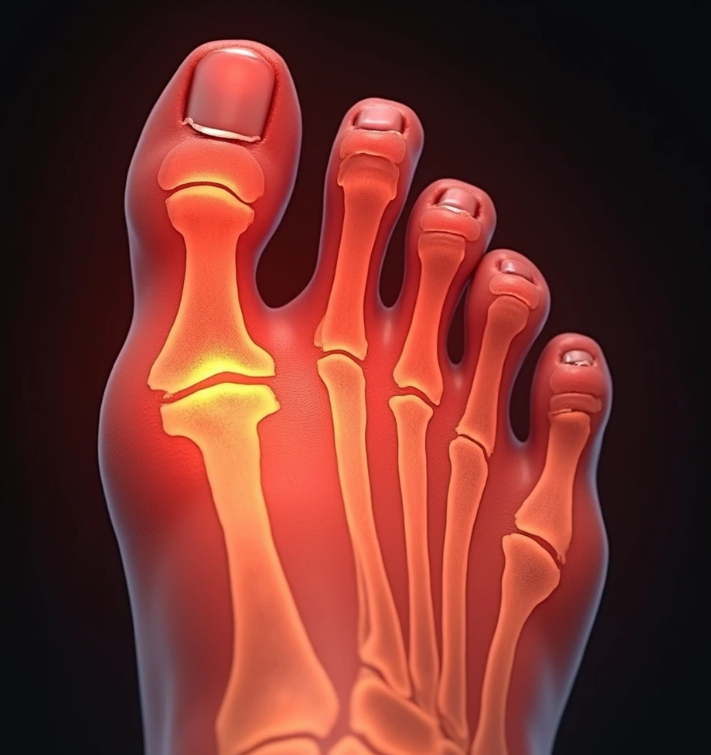 붉게 부어오른 엄지발가락 관절의 모습. 통풍의 대표적인 증상을 시각적으로 보여주는 이미지