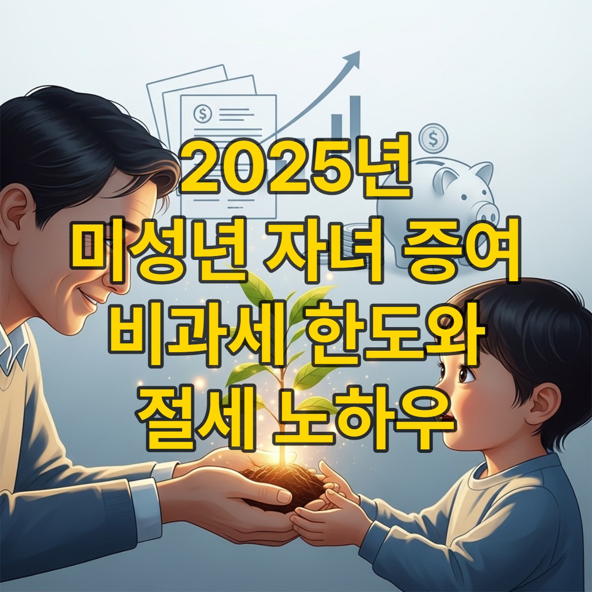 미성년 자녀에게 재산을 증여하여 밝은 미래를 준비하는 부모의 모습을 상징하는 이미지. 부모가 아이에게 성장하는 작은 나무를 건네며 재정적인 기반을 마련해주는 따뜻한 장면.
