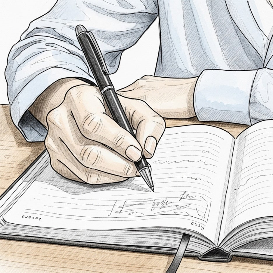 자신의 일에 집중하며 메모를 작성하는 손