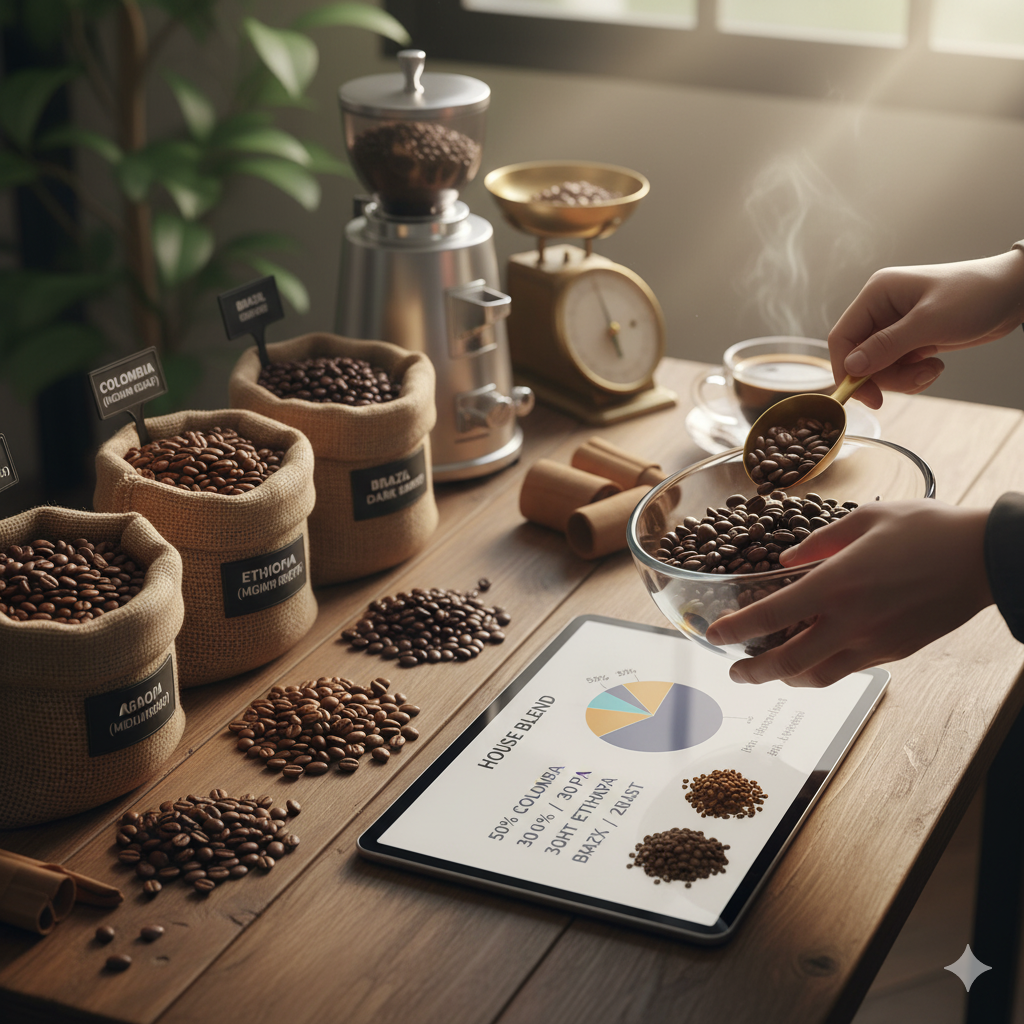 다양한 원두를 혼합하여 자신만의 커피 블렌드를 만드는 과정과 비율 예시를 시각화한 이미지(이미지 생성:google)