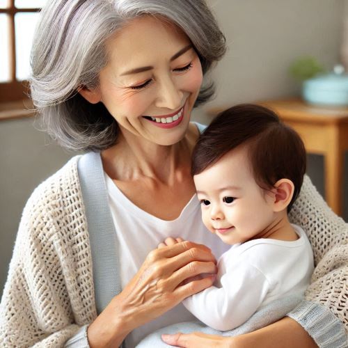 50대 여성이 어린 아이를 돌보고 있다.