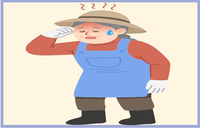 더위에 지쳐 땀을 흘리며 이마를 짚고 있는 여성 농민&amp;#44; 고령층 온열질환 위험 표현