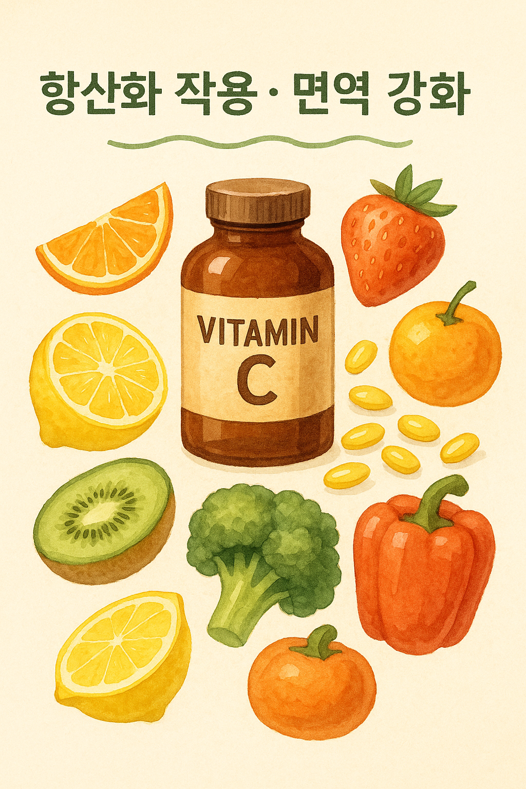비타민 C가 풍부한 식품은 오렌지, 레몬, 딸기, 키위, 브로콜리, 파프리카, 감귤이 있다.