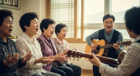 노인들이 노래 부르는 음악치료 시간, 기타 연주자 있음