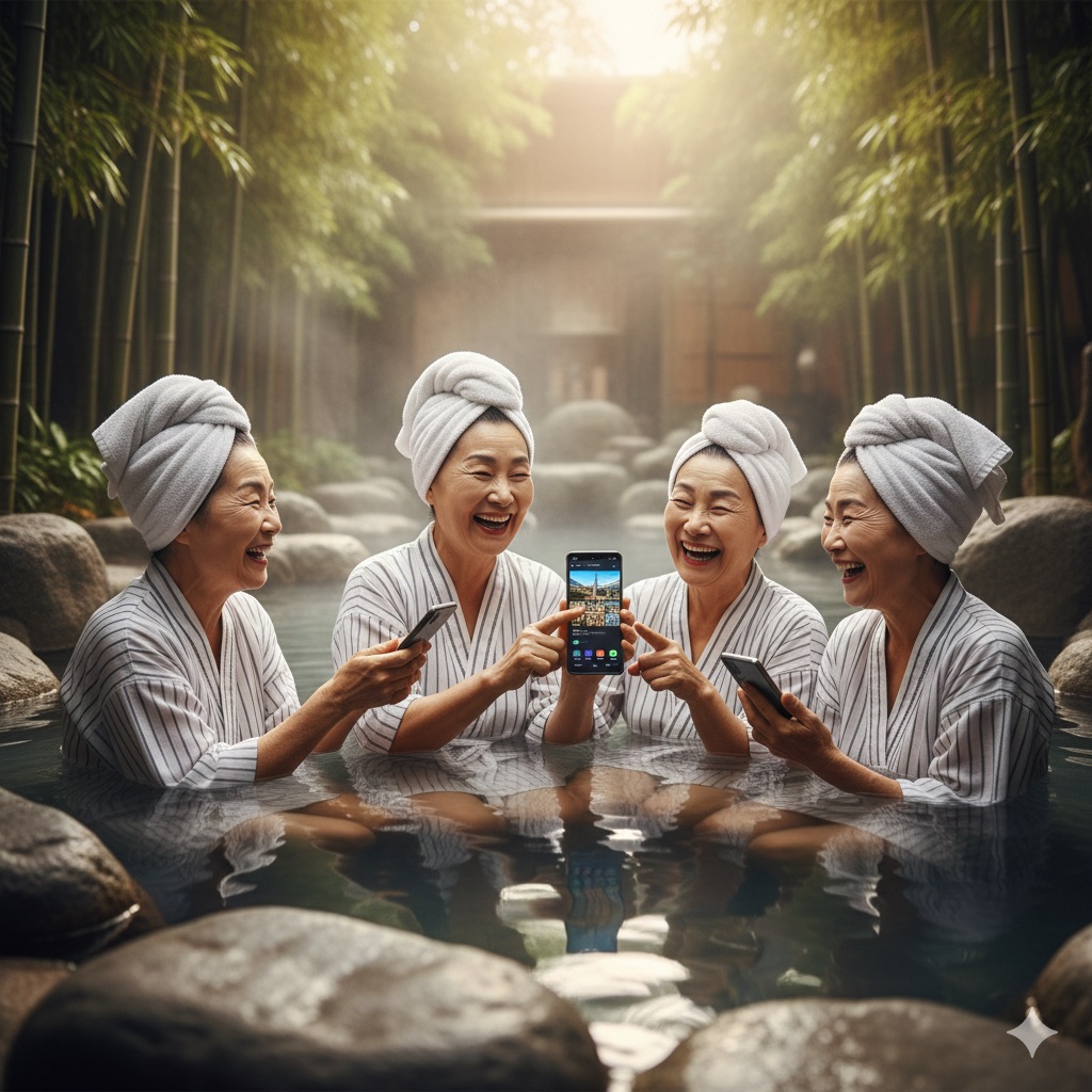 온천여행 즐기는 어머니와 친구분들 이미지