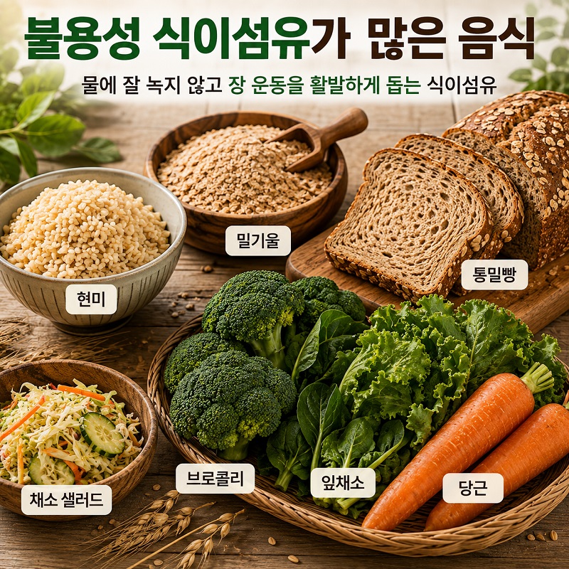 현미와 통밀빵, 브로콜리, 당근과 잎채소 등 불용성 식이섬유가 풍부한 음식