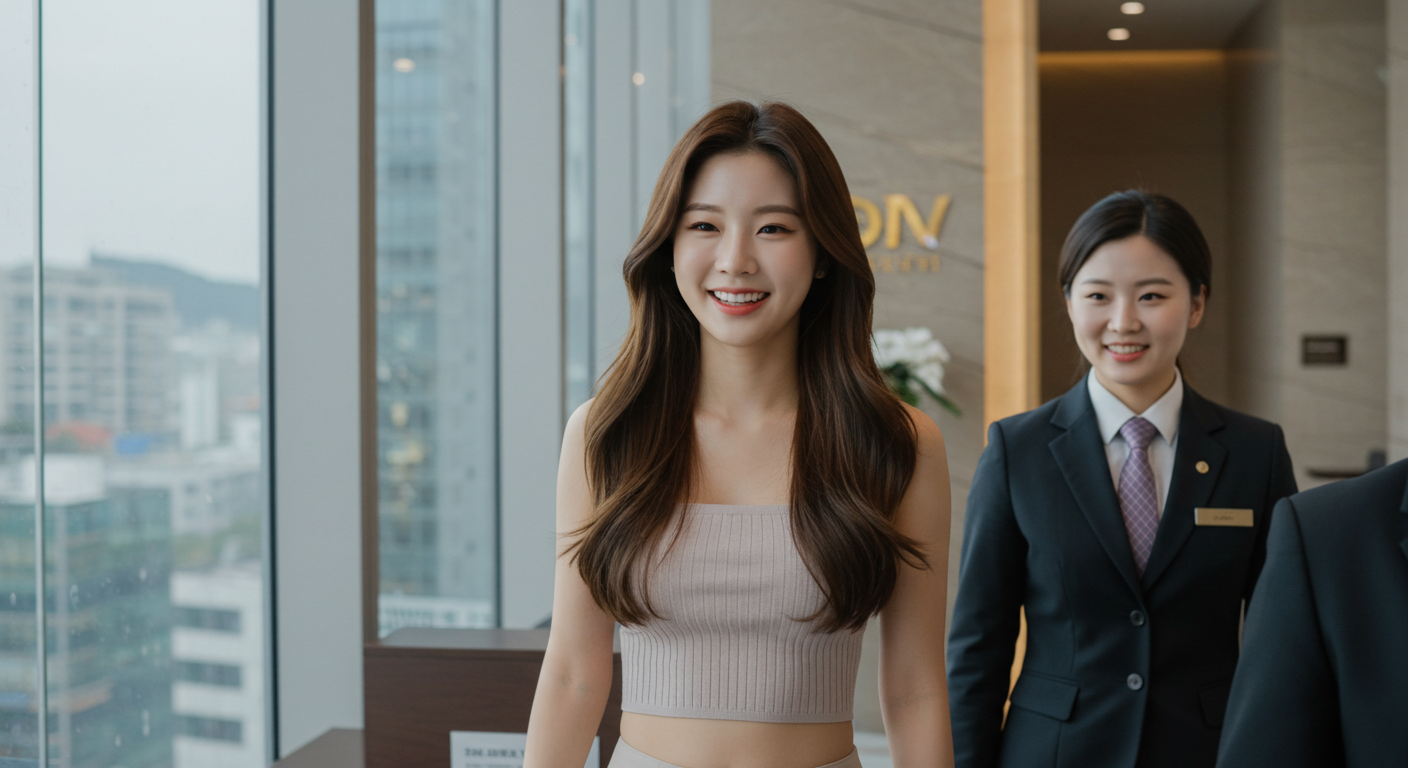 은행 VIP실로 안내받는 한국여성