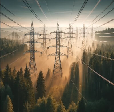 숲속을 가로지르는 고압 전선