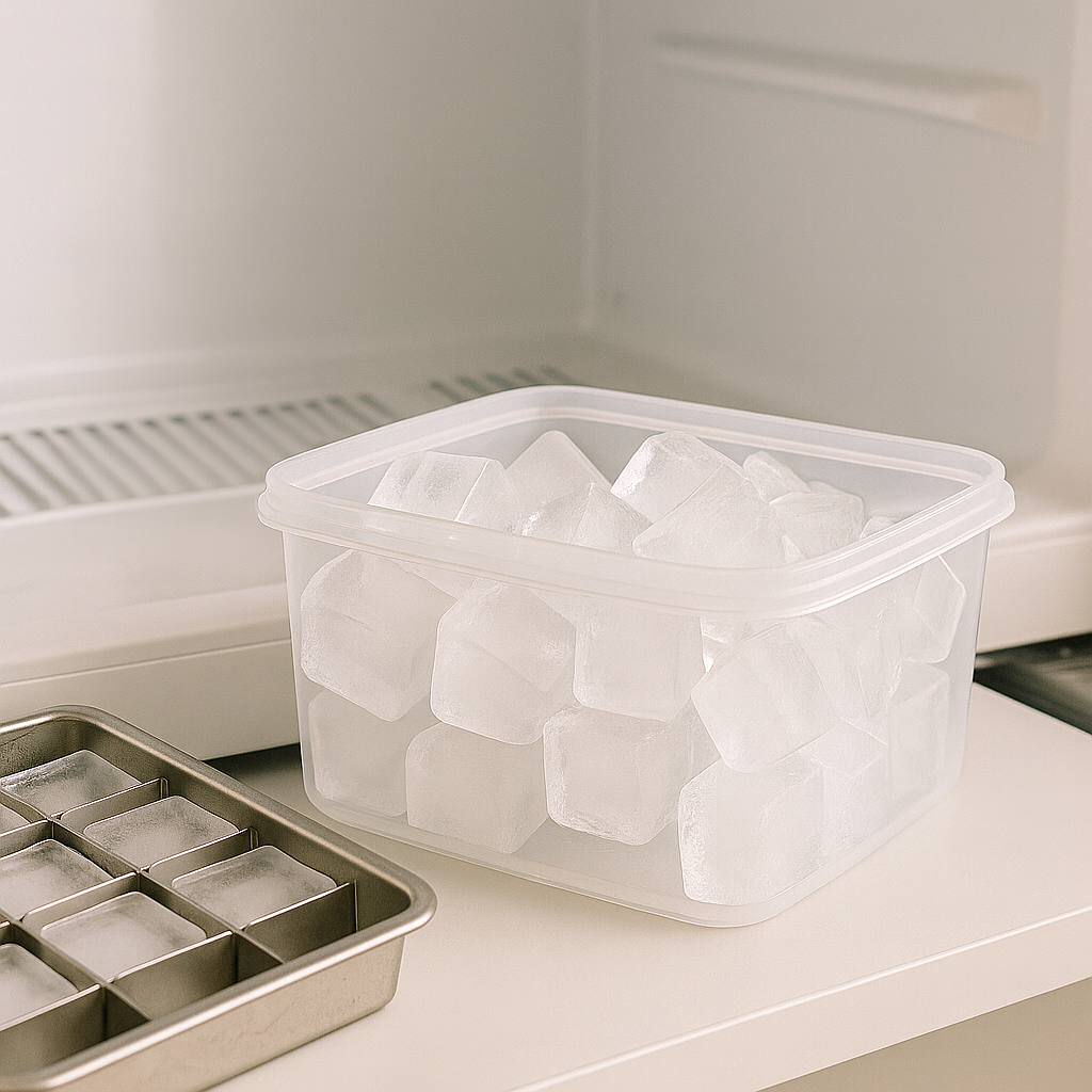 냉동실 내부에서 밀폐용기에 담긴 투명한 얼음과 스테인리스 얼음틀이 함께 놓여 있는 모습