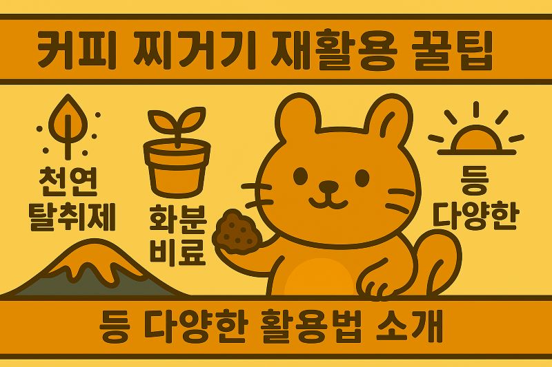 커피 찌꺼기 재활용 꿀팁을 설명하는 다람쥐 캐릭터. 천연 탈취제, 화분 비료 등 다양한 활용법 소개."