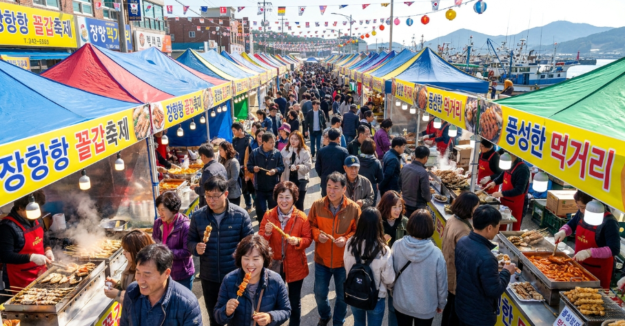 장항항 축제장에 늘어선 먹거리 부스와 활기찬 사람들