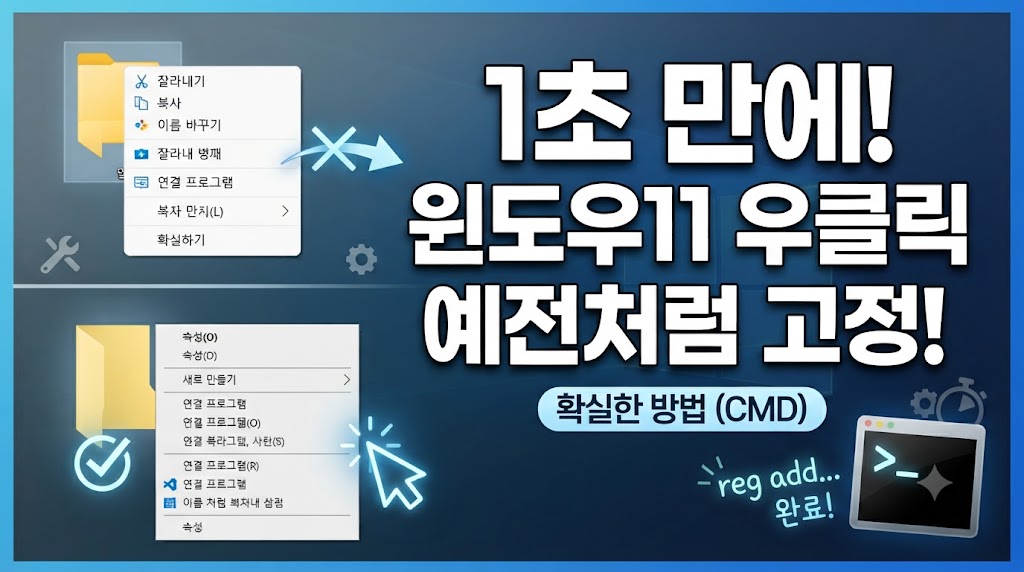 윈도우11 우클릭 메뉴를 예전처럼 고정하는 방법을 안내하는 썸네일 이미지로, '1초 만에! 윈도우11 우클릭 예전처럼 고정!' 문구와 명령 프롬프트(CMD) 아이콘이 포함되어 있습니다.