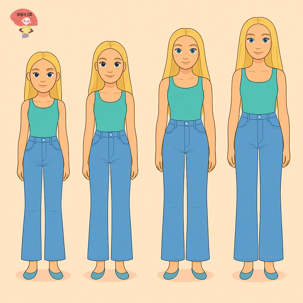 금발의-젊은-여성-네-명이-나란히-서서-각기-다른-길이의-청바지를-입고-실루엣의-차이를-보여주는-앞모습-2D-디지털-일러스트-파스텔톤