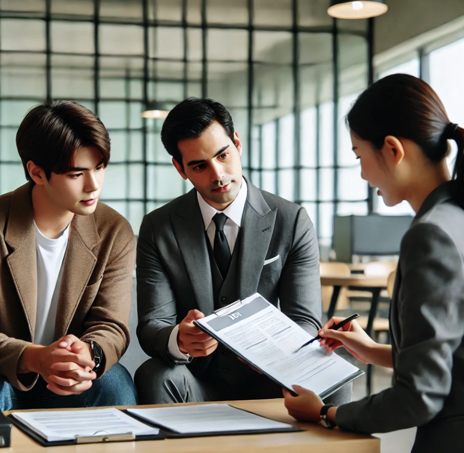 외국인 근로자가 회사 인사 담당자와 보험 관련 상담 중