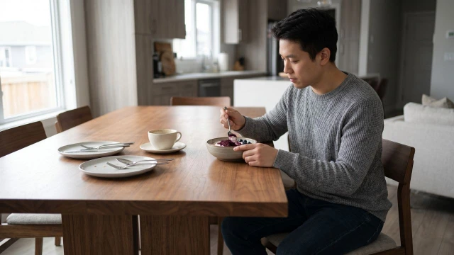 식사를 마친 뒤 하스카프베리 요거트를 즐기는 장면 &mdash; 식후 섭취 권장