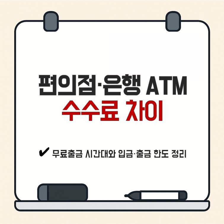 편의점과 은행 ATM 수수료 차이를 한눈에 정리한 화이트보드형 썸네일 이미지, 무료출금 시간대와 입금&middot;출금 한도 정보를 안내하는 디자인