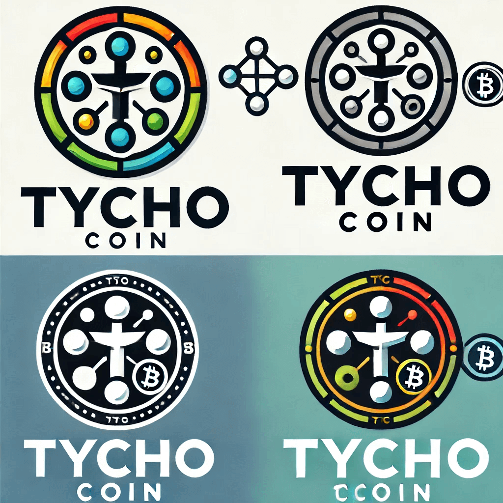 타이코 코인 로고 4개가 있다. 각 왼쪽부터 컬러 흑백 흑백 컬러 순이며 가온데는 십자가문양의 로고가 있고 그주변으로 물방울모양의 문양이 있고 그 문양들을 원형의 형태가 감싸고 있다.