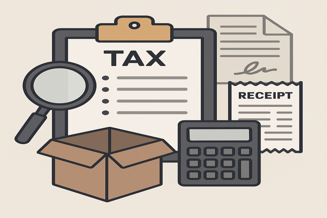 세금서류, 계산기, 돋보기, 서류박스, 영수증