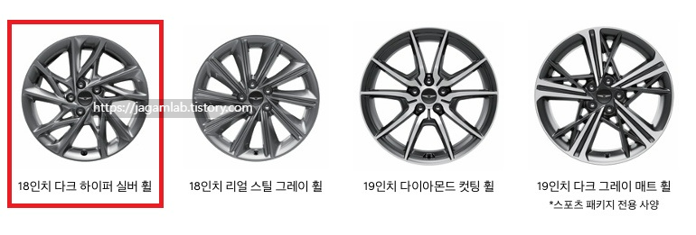 2026 G70 슈팅 브레이크 18인치 다크 하이퍼 실버 휠, 18인치 리얼 스틸 그레이 휠, 19인치 다이아몬드 컷팅 휠, 19인치 다크 그레이 매트 휠 디자인