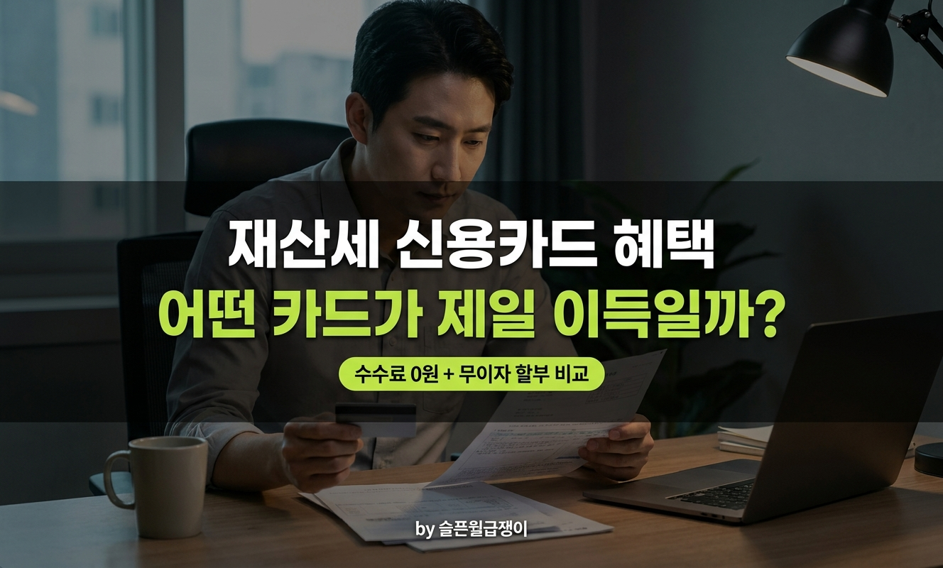 재산세 고지서 앞에 신용카드 들고 고민하는 직장인