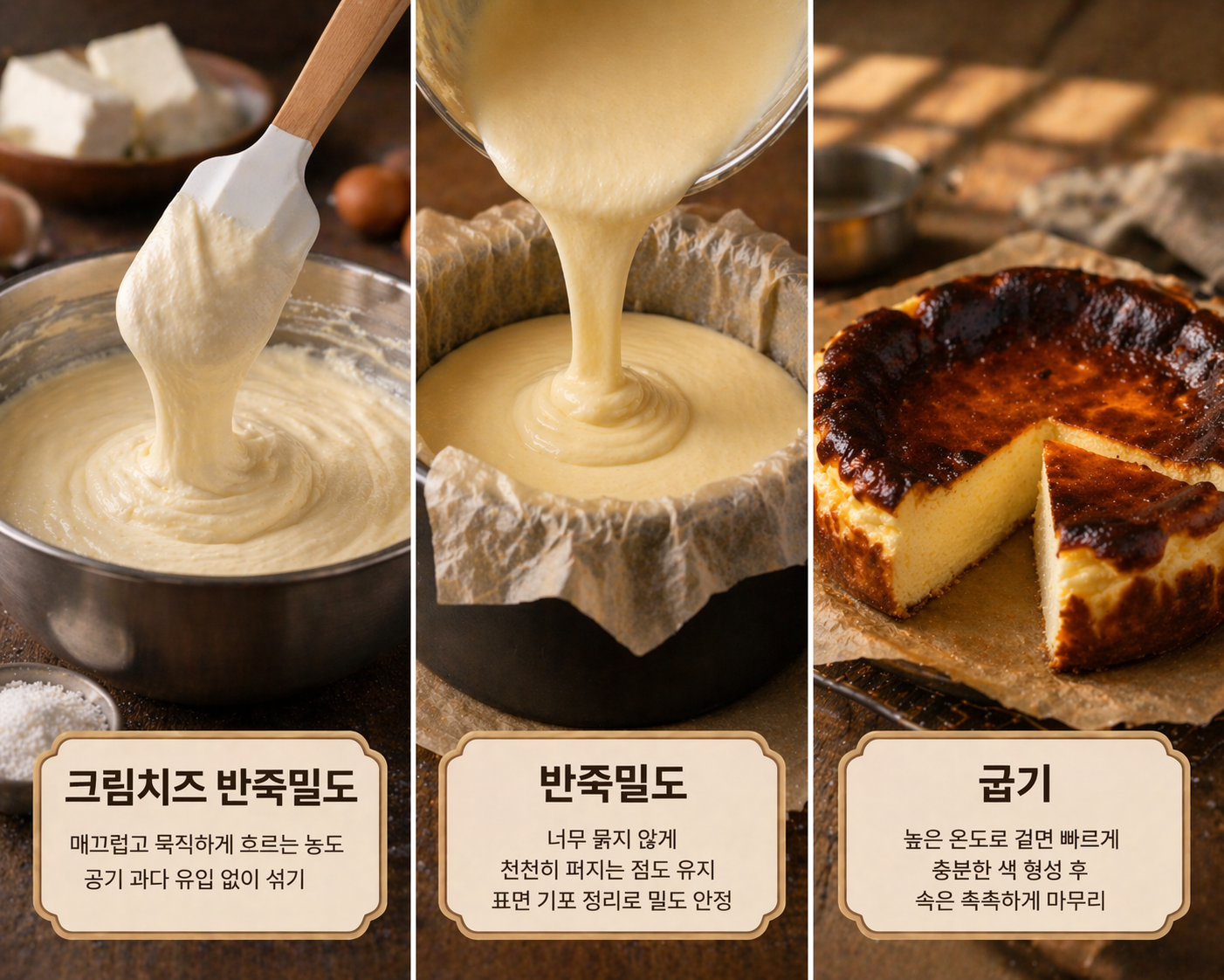 바스크 치즈케이크 크림치즈 반죽밀도 굽기 흐름 구조