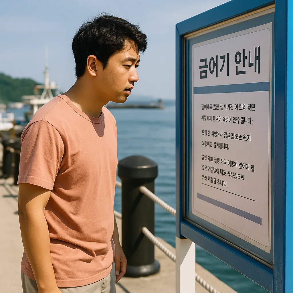 항구 금어기 안내문을 읽는 남성