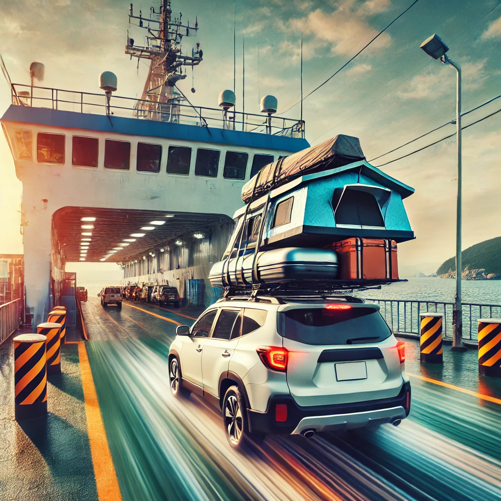 오토캠핑 장비를 차에 싣고 제주도로 떠나기 위해 배에 차를 싣고 있는 모습을 나타낸 사진