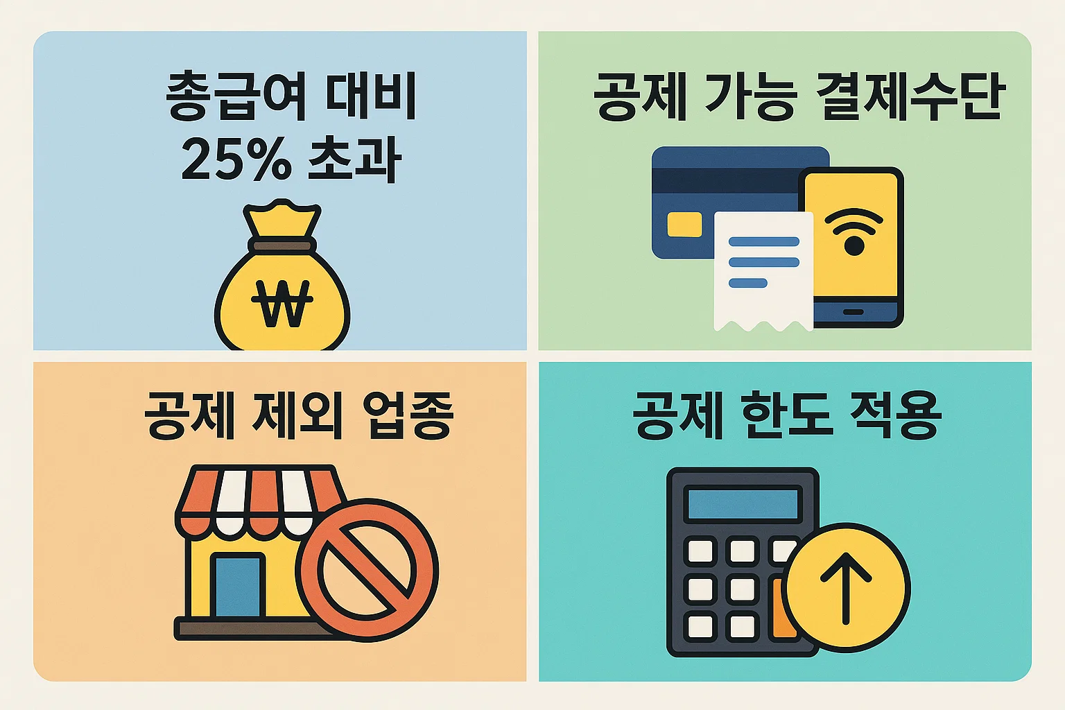 총급여 25% 초과 기준, 공제 가능한 결제수단, 제외 업종, 한도 적용 등 신용카드 소득공제 기본 원칙을 정리한 2025년 기준 안내 이미지.