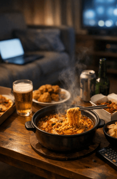 늦은 저녁 라면 끓여먹는 모습