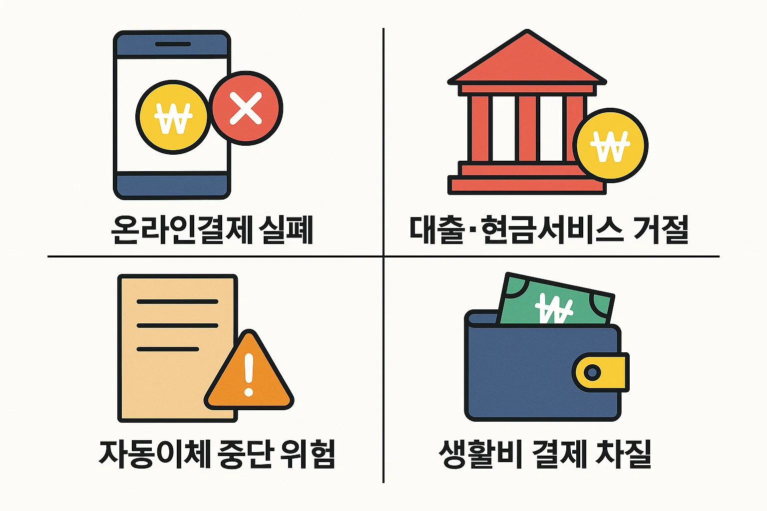 온라인결제 실패, 대출 및 현금서비스 거절, 자동이체 중단 위험, 생활비 결제 차질 등 신용카드 연체 시 일상에서 실제로 겪게 되는 피해 사례를 정리한 인포그래픽